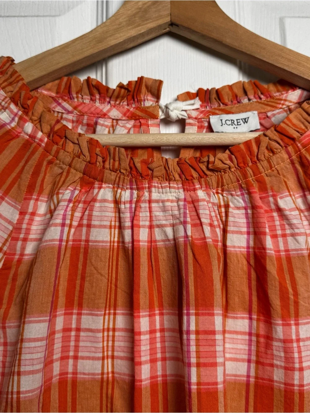 J.Crew Orange Plaid Ruffle Neck Cotton Blouse XXS Peasant Top Fits Size Small